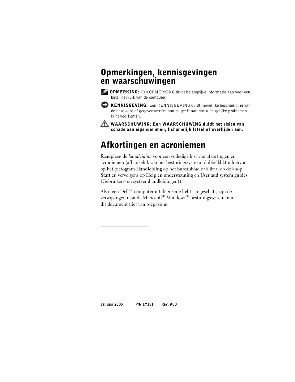 Opmerkingen, kennisgevingen en waarschuwingen, Afkortingen en acroniemen | Dell Precision M60 User Manual | Page 30 / 200