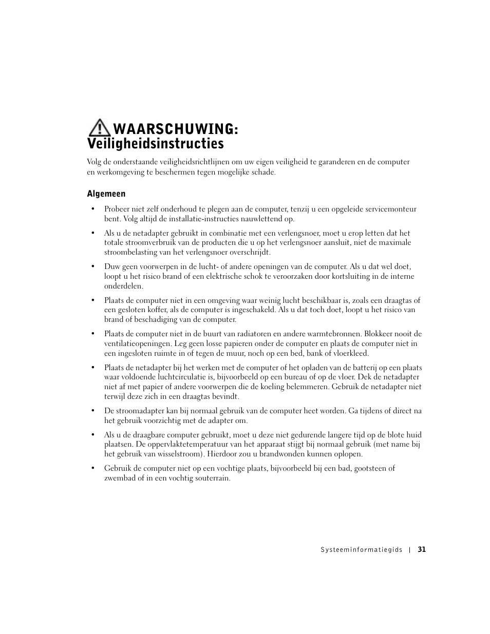 Waarschuwing: veiligheidsinstructies, Algemeen | Dell Precision M60 User Manual | Page 33 / 200