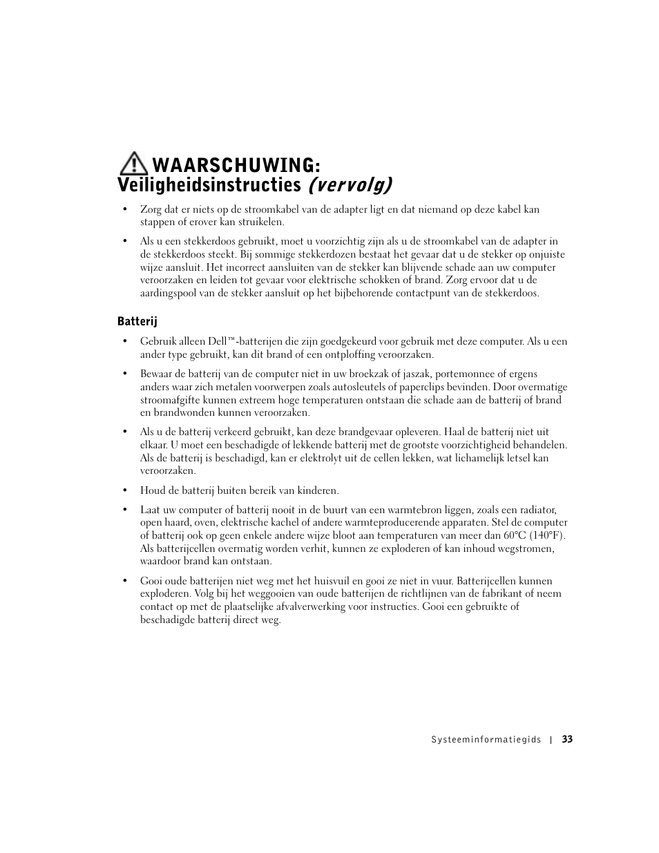 Batterij, Waarschuwing: veiligheidsinstructies (vervolg) | Dell Precision M60 User Manual | Page 35 / 200