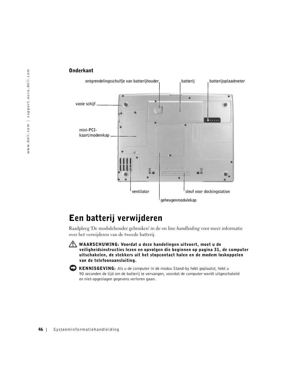 Onderkant, Een batterij verwijderen | Dell Precision M60 User Manual | Page 48 / 200
