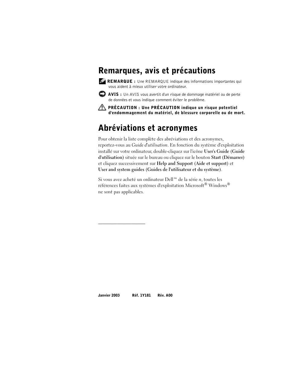 Remarques, avis et précautions, Abréviations et acronymes | Dell Precision M60 User Manual | Page 58 / 200