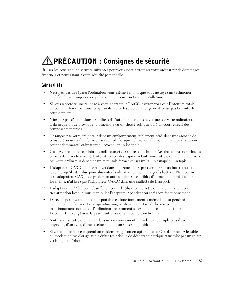 Précaution : consignes de sécurité, Généralités | Dell Precision M60 User Manual | Page 61 / 200