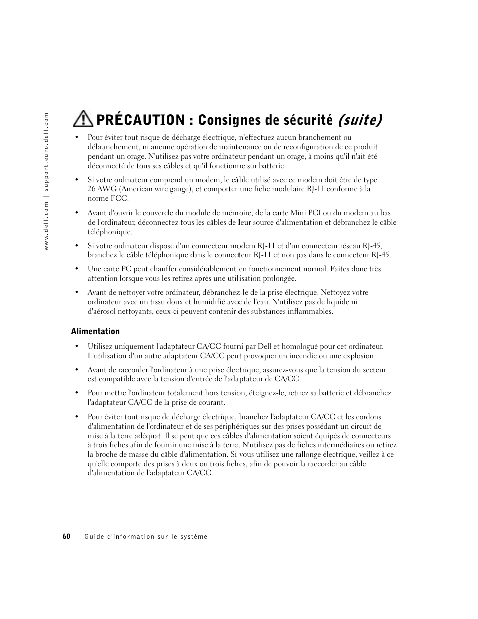 Alimentation, Précaution : consignes de sécurité (suite) | Dell Precision M60 User Manual | Page 62 / 200