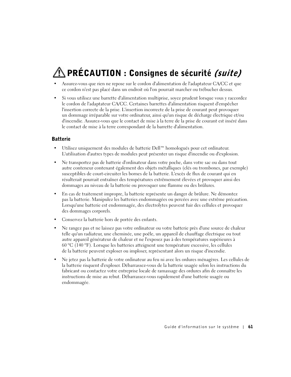 Batterie, Précaution : consignes de sécurité (suite) | Dell Precision M60 User Manual | Page 63 / 200