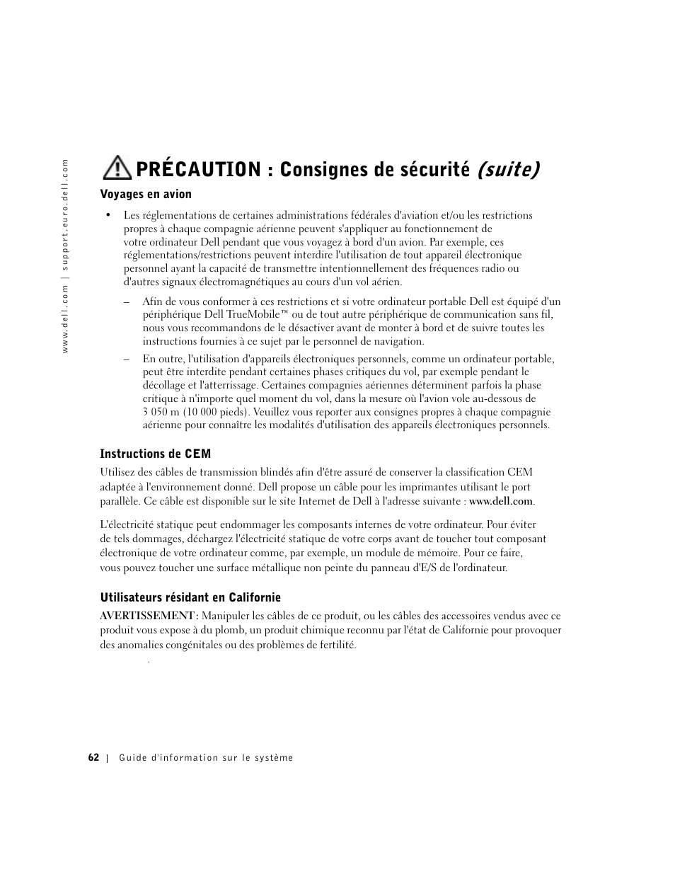 Voyages en avion, Instructions de cem, Utilisateurs résidant en californie | Précaution : consignes de sécurité (suite) | Dell Precision M60 User Manual | Page 64 / 200
