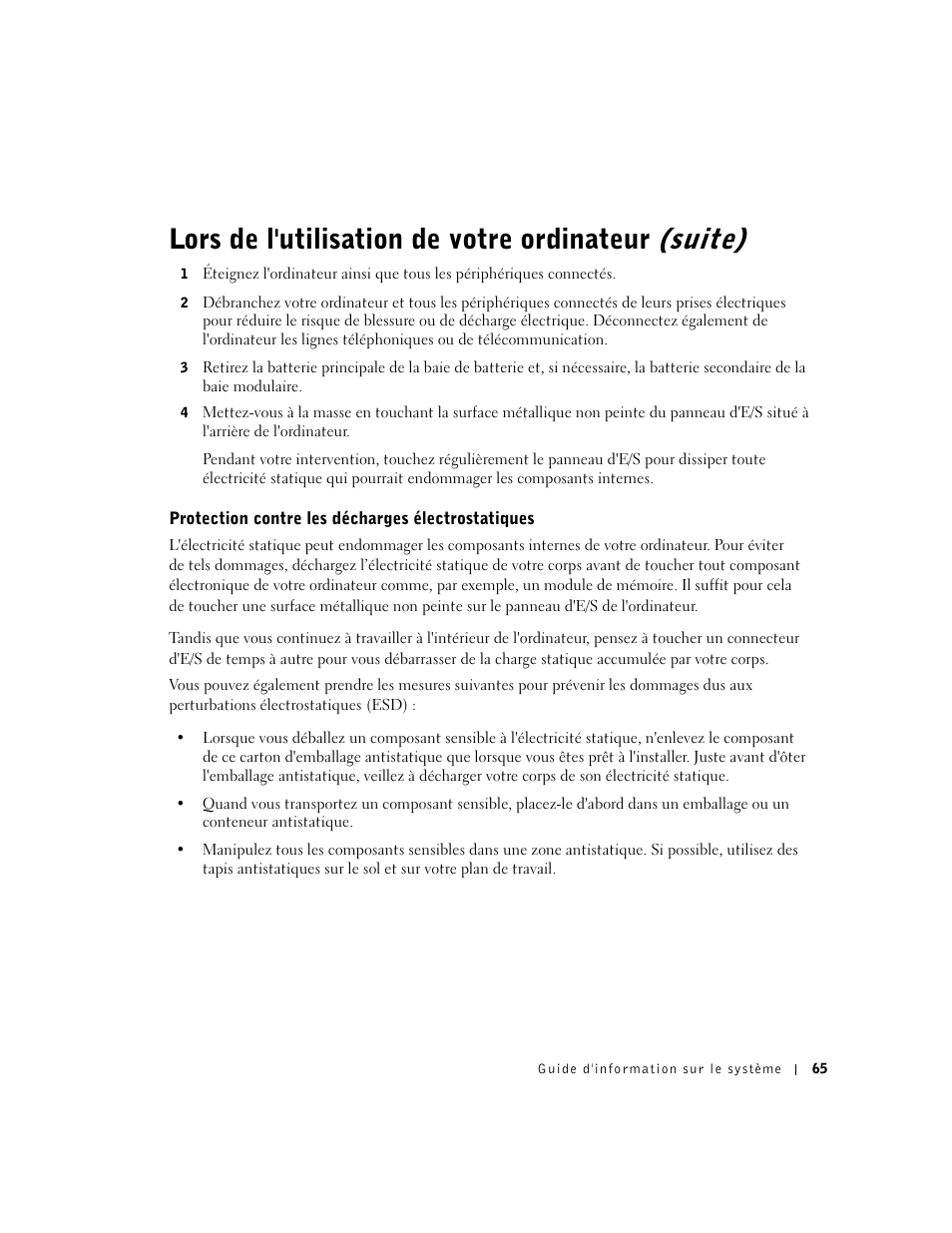 Protection contre les décharges électrostatiques, Lors de l'utilisation de votre ordinateur (suite) | Dell Precision M60 User Manual | Page 67 / 200