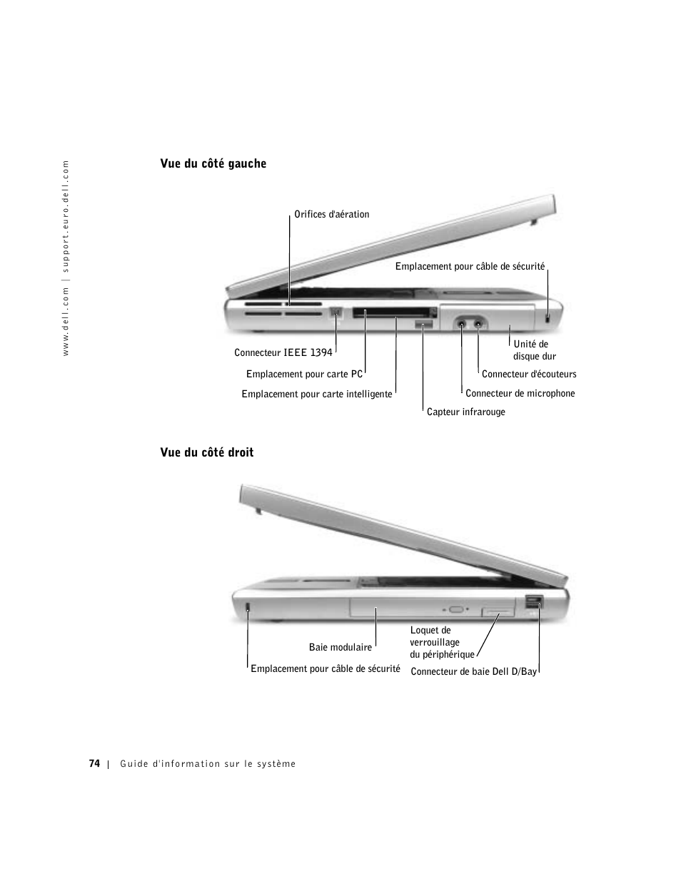 Vue du côté gauche, Vue du côté droit | Dell Precision M60 User Manual | Page 76 / 200