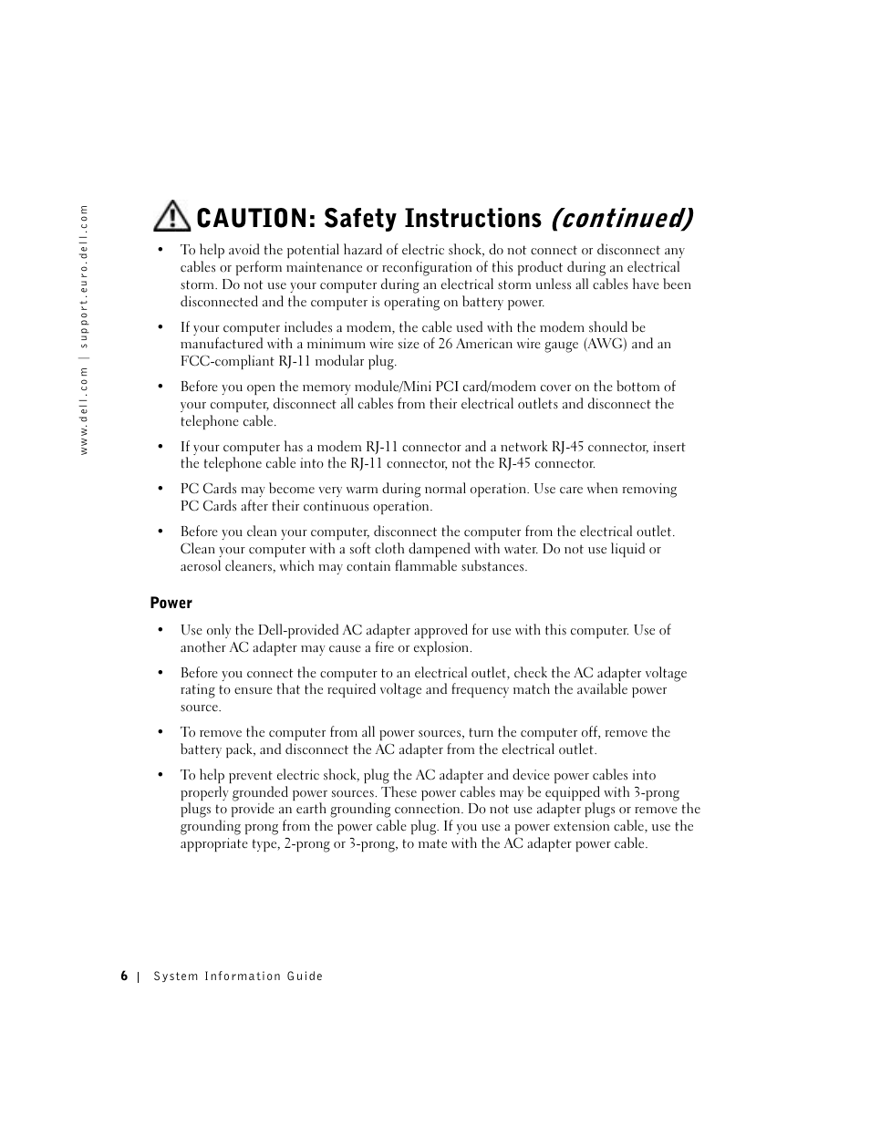 Power, Caution: safety instructions (continued) | Dell Precision M60 User Manual | Page 8 / 200