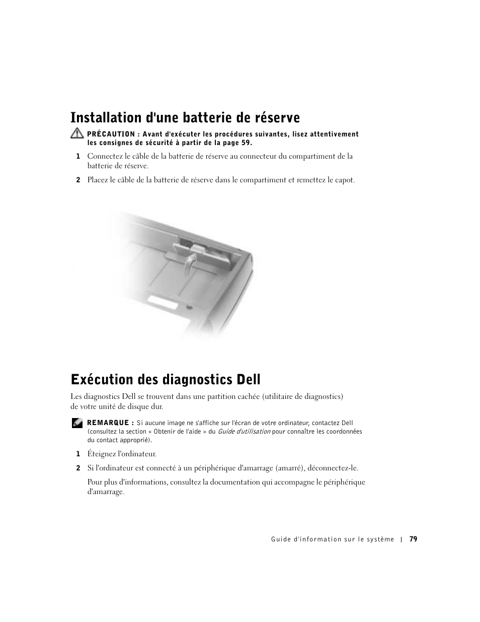 Installation d'une batterie de réserve, Exécution des diagnostics dell | Dell Precision M60 User Manual | Page 81 / 200
