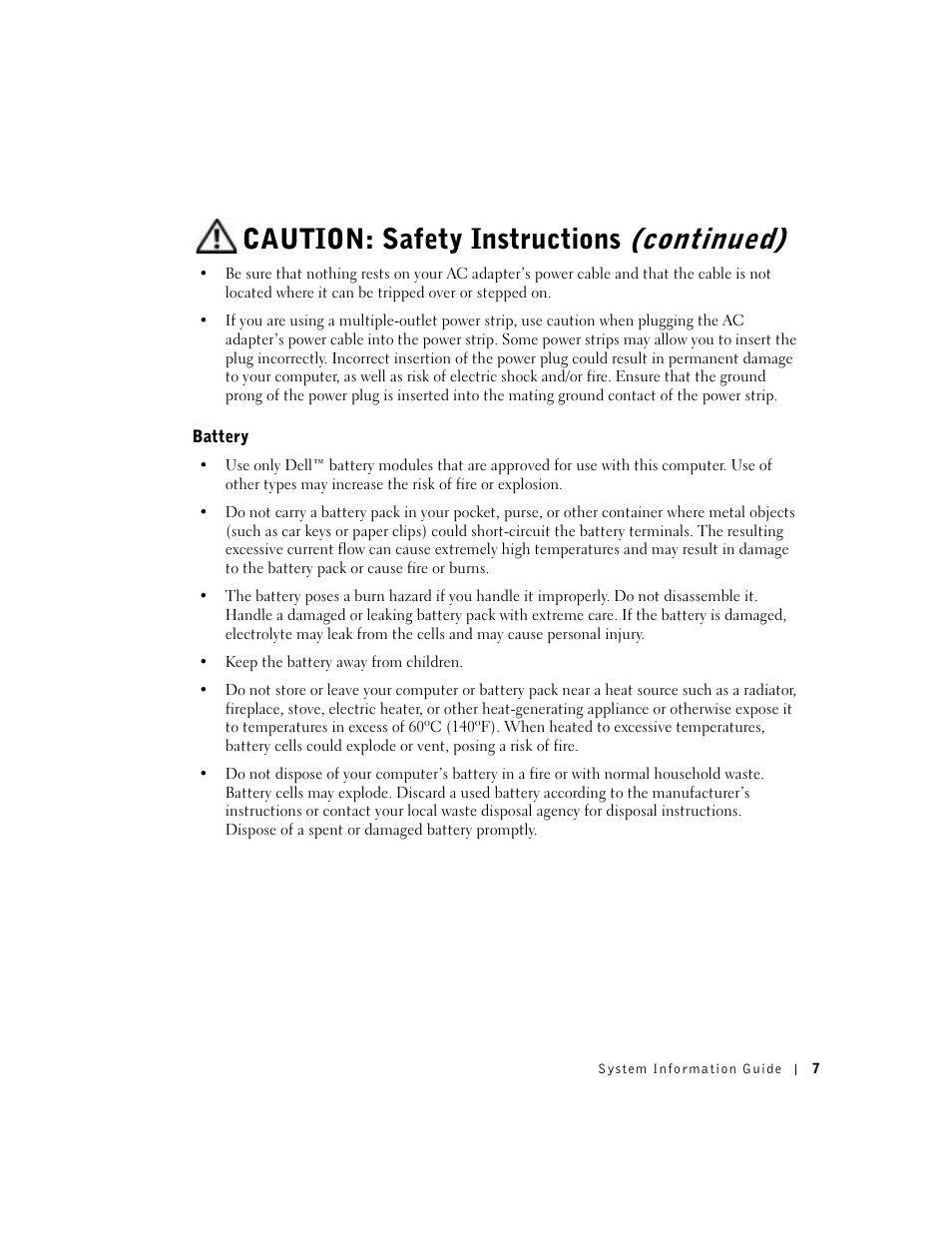 Battery, Caution: safety instructions (continued) | Dell Precision M60 User Manual | Page 9 / 200