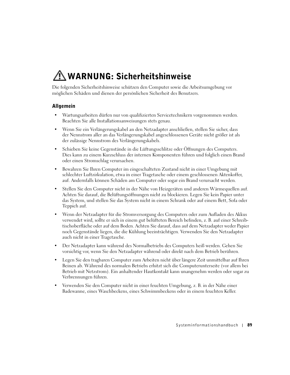 Warnung: sicherheitshinweise, Allgemein | Dell Precision M60 User Manual | Page 91 / 200