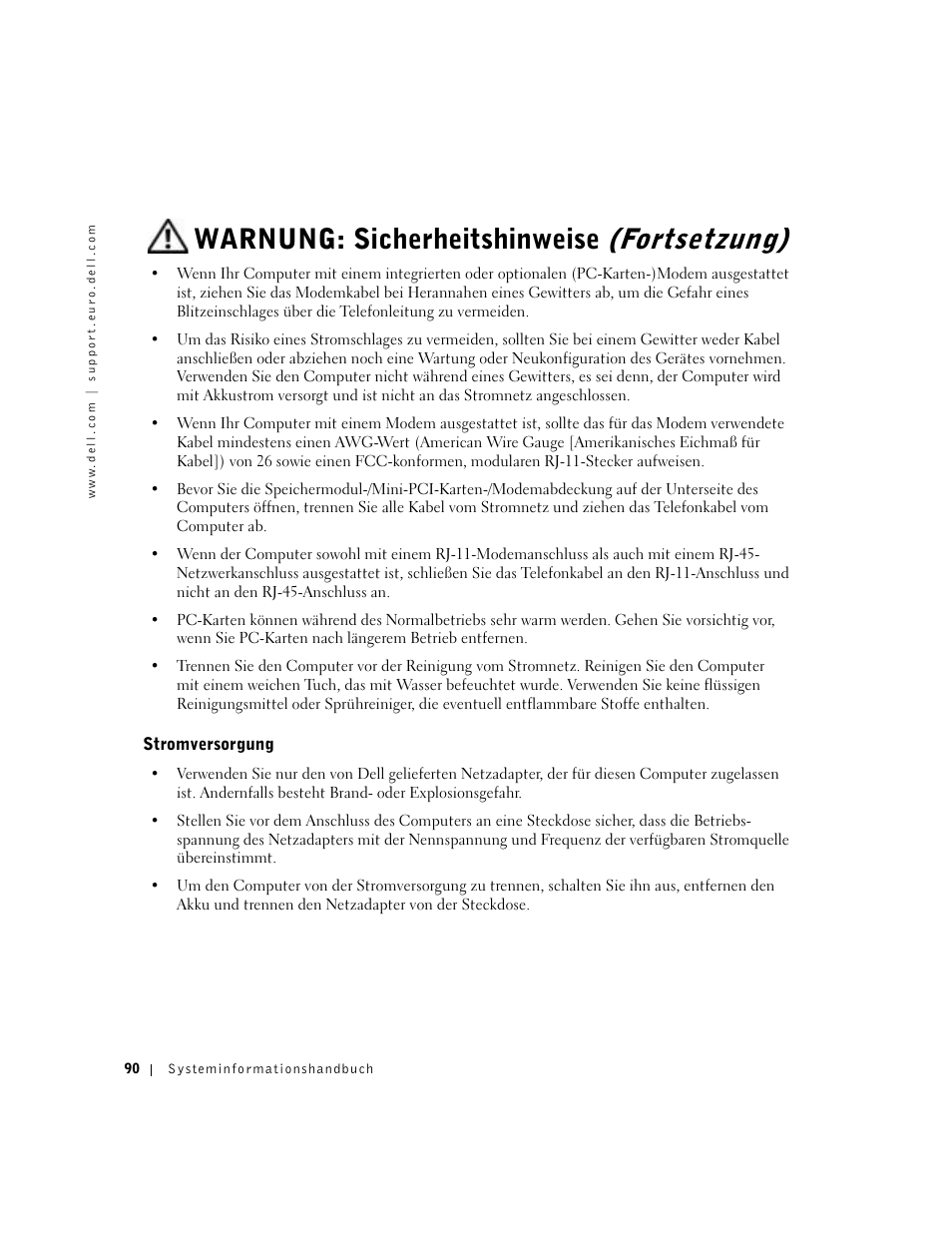 Stromversorgung, Warnung: sicherheitshinweise, Fortsetzung) | Dell Precision M60 User Manual | Page 92 / 200