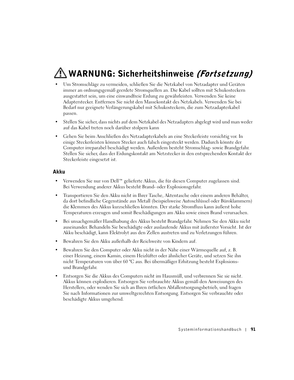 Akku, Warnung: sicherheitshinweise, Fortsetzung) | Dell Precision M60 User Manual | Page 93 / 200