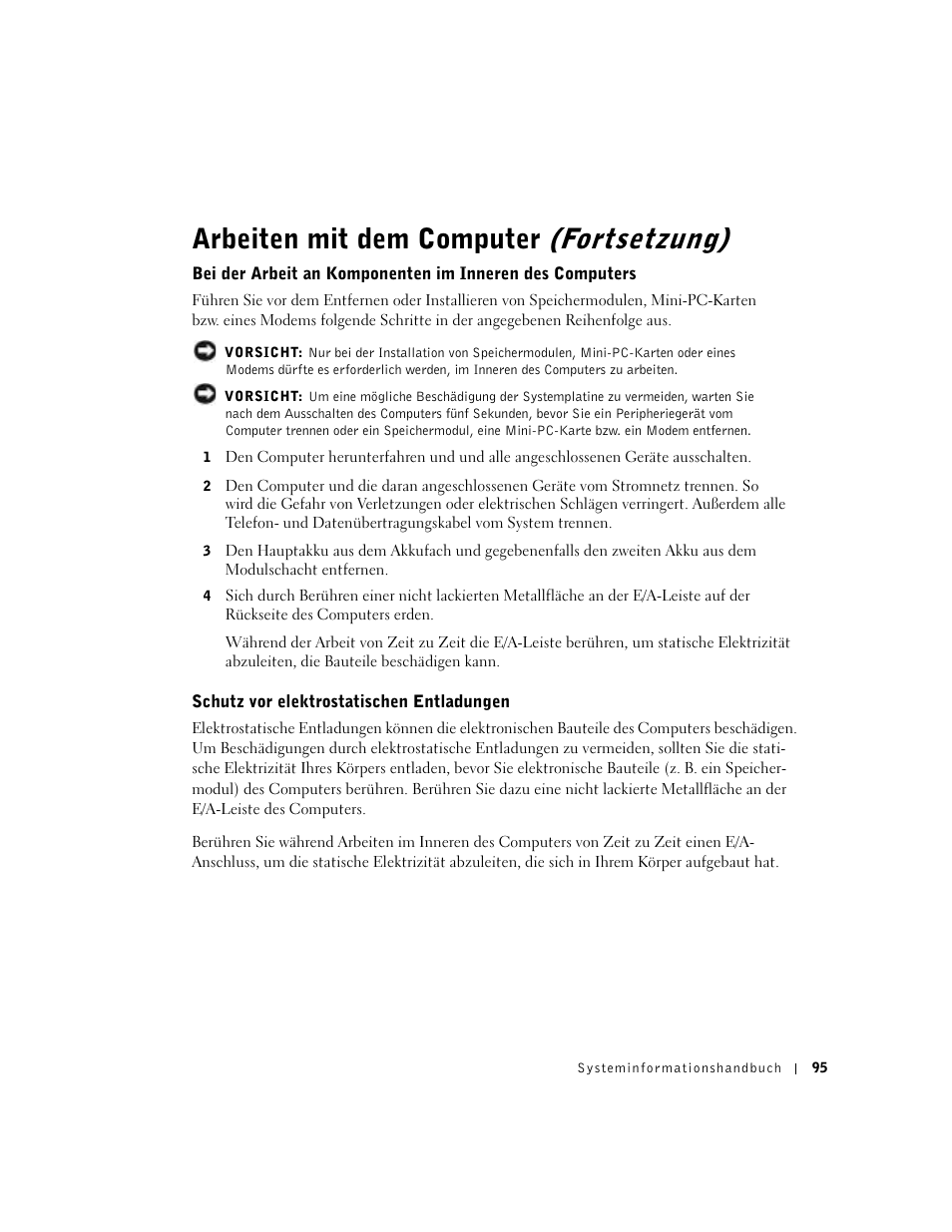 Schutz vor elektrostatischen entladungen, Arbeiten mit dem computer (fortsetzung) | Dell Precision M60 User Manual | Page 97 / 200