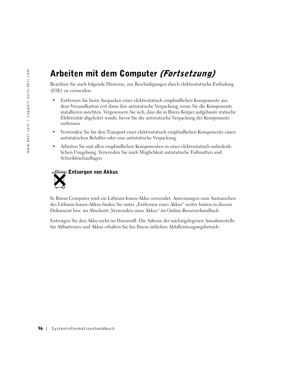 Entsorgen von akkus, Arbeiten mit dem computer (fortsetzung) | Dell Precision M60 User Manual | Page 98 / 200