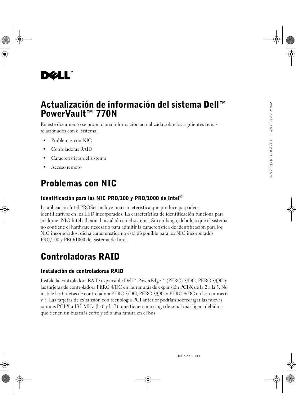 Problemas con nic, Controladoras raid | Dell PowerVault 770N (Deskside NAS Appliance) User Manual | Page 23 / 26