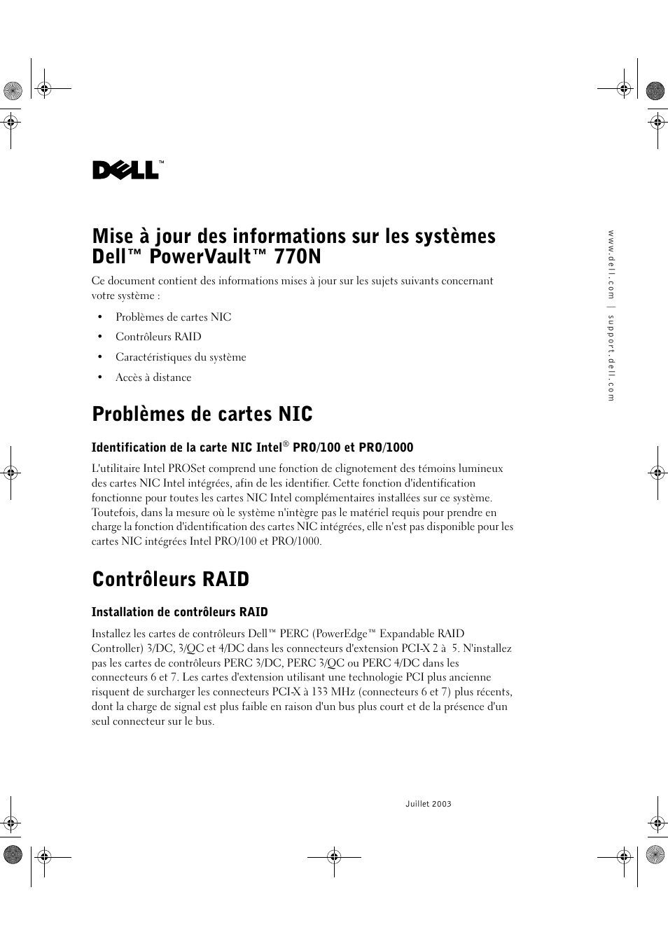 Problèmes de cartes nic, Contrôleurs raid | Dell PowerVault 770N (Deskside NAS Appliance) User Manual | Page 7 / 26