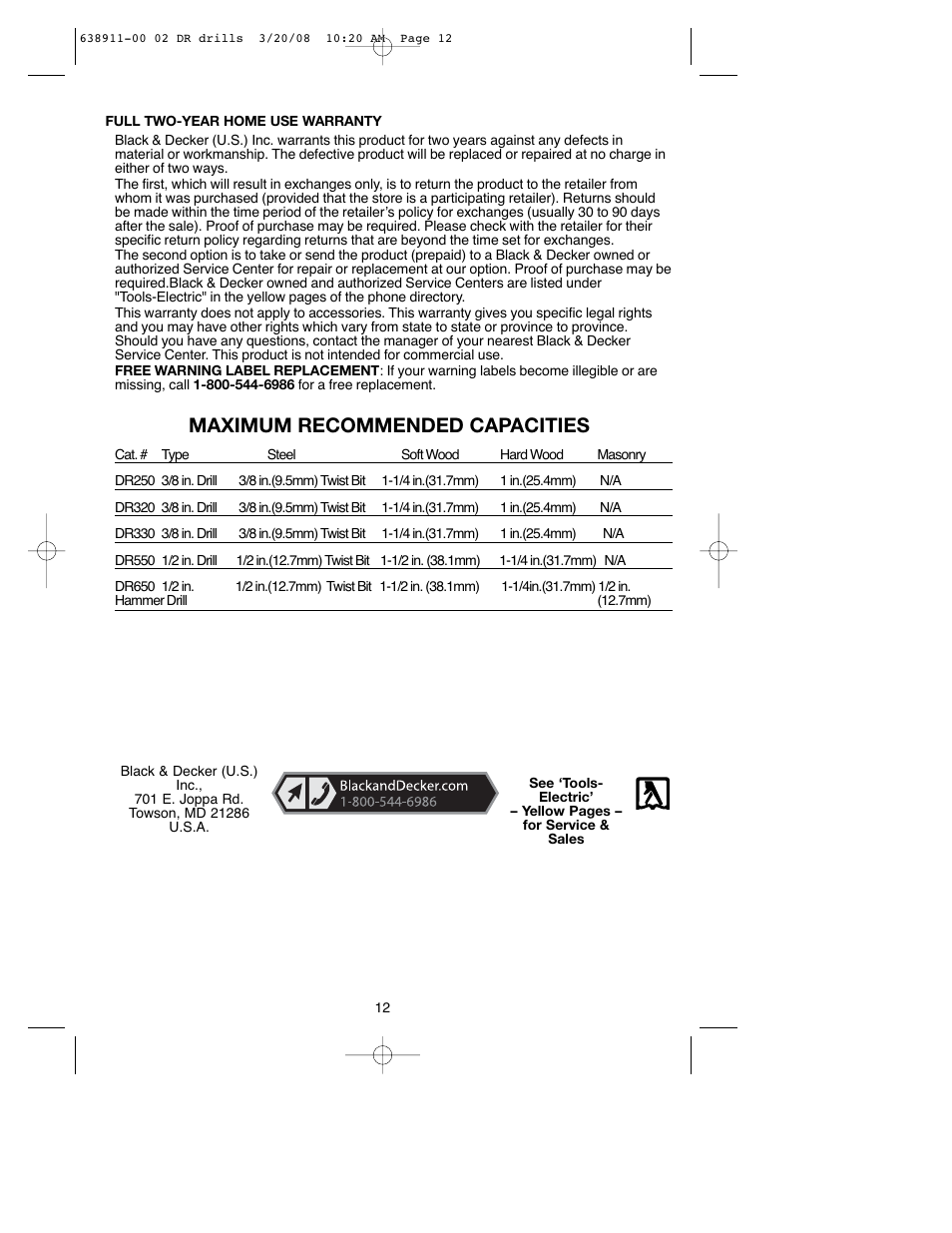 Maximum recommended capacities | Black & Decker DR550 User Manual | Page 12 / 40