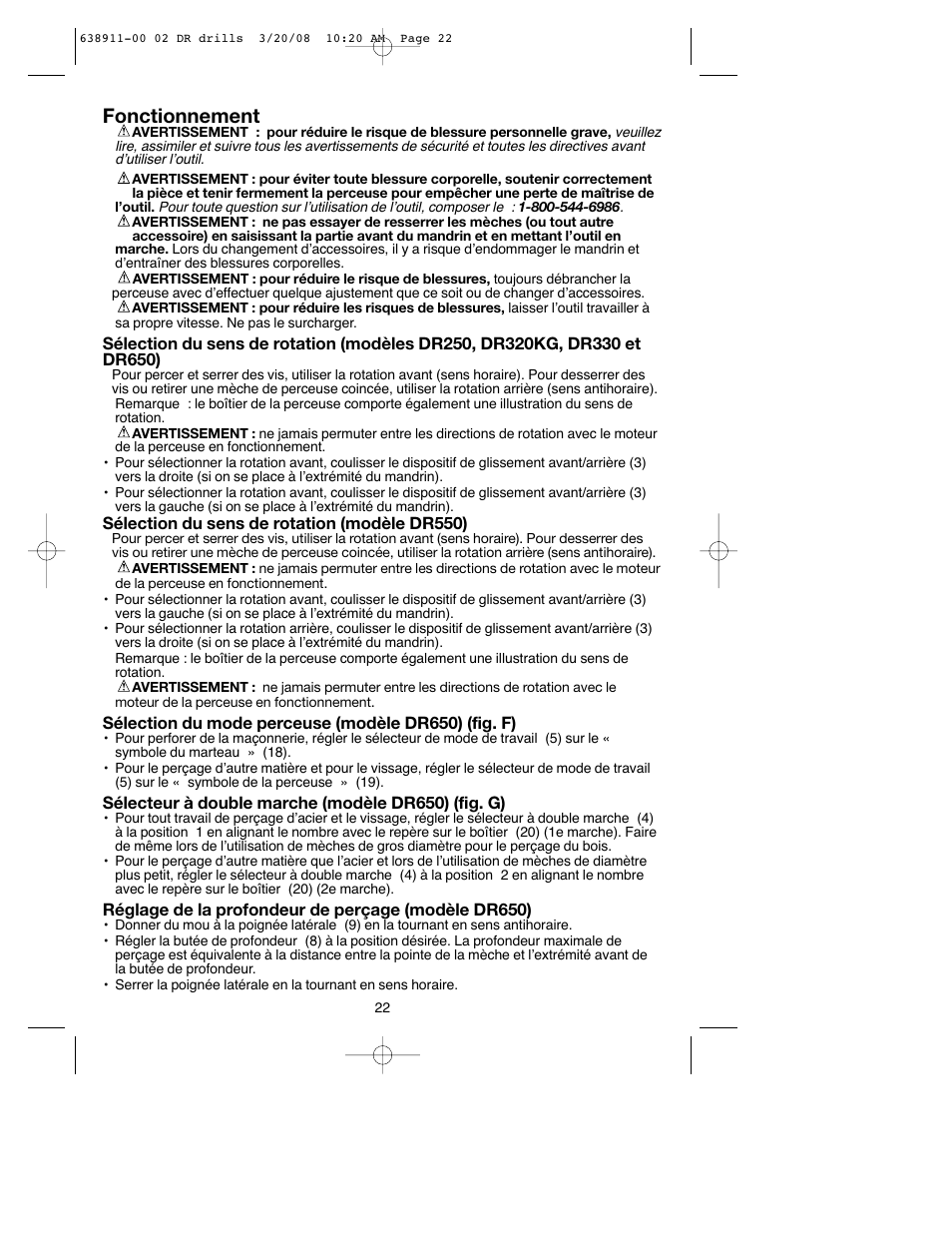 Fonctionnement | Black & Decker DR550 User Manual | Page 22 / 40