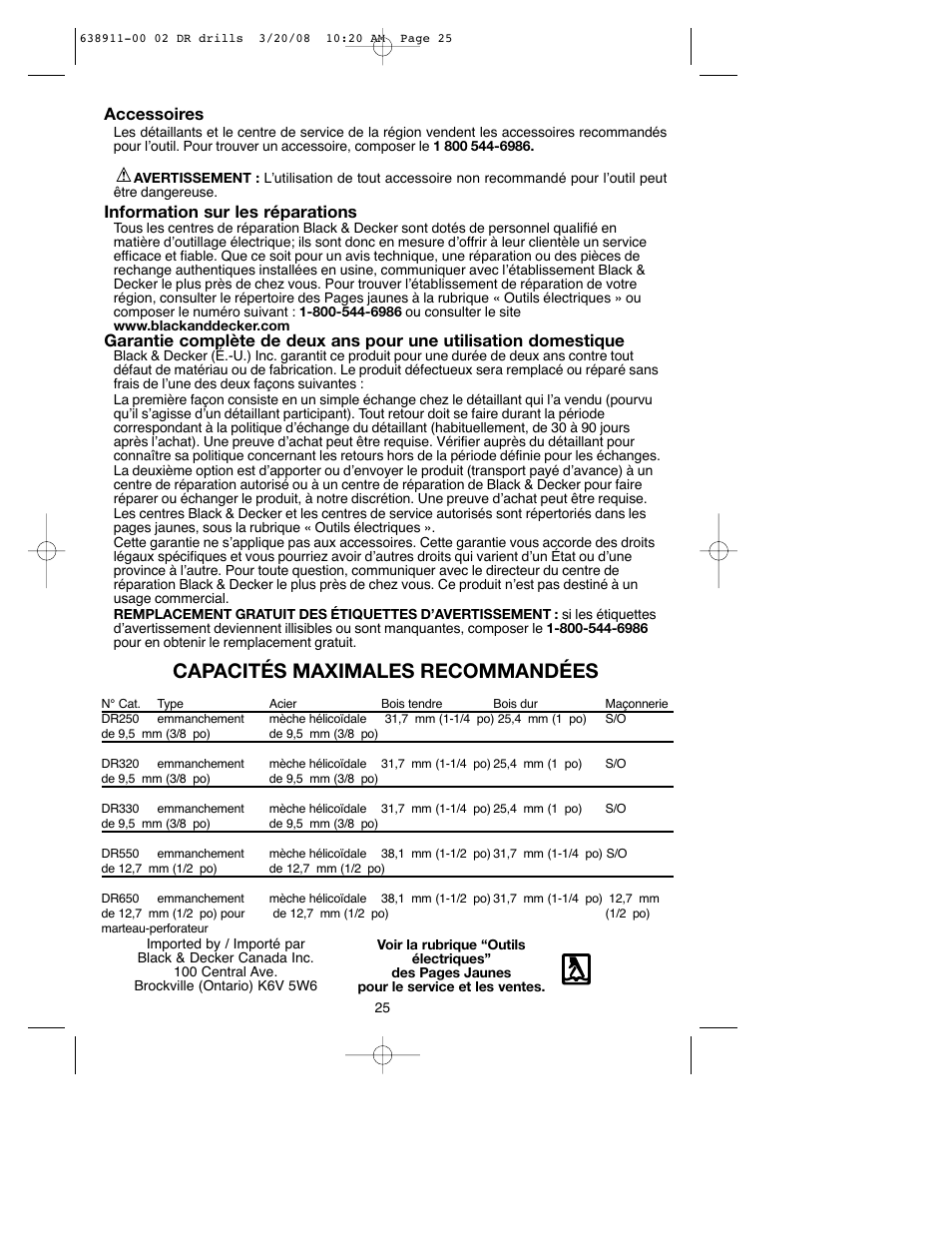 Capacités maximales recommandées, Accessoires, Information sur les réparations | Black & Decker DR550 User Manual | Page 25 / 40