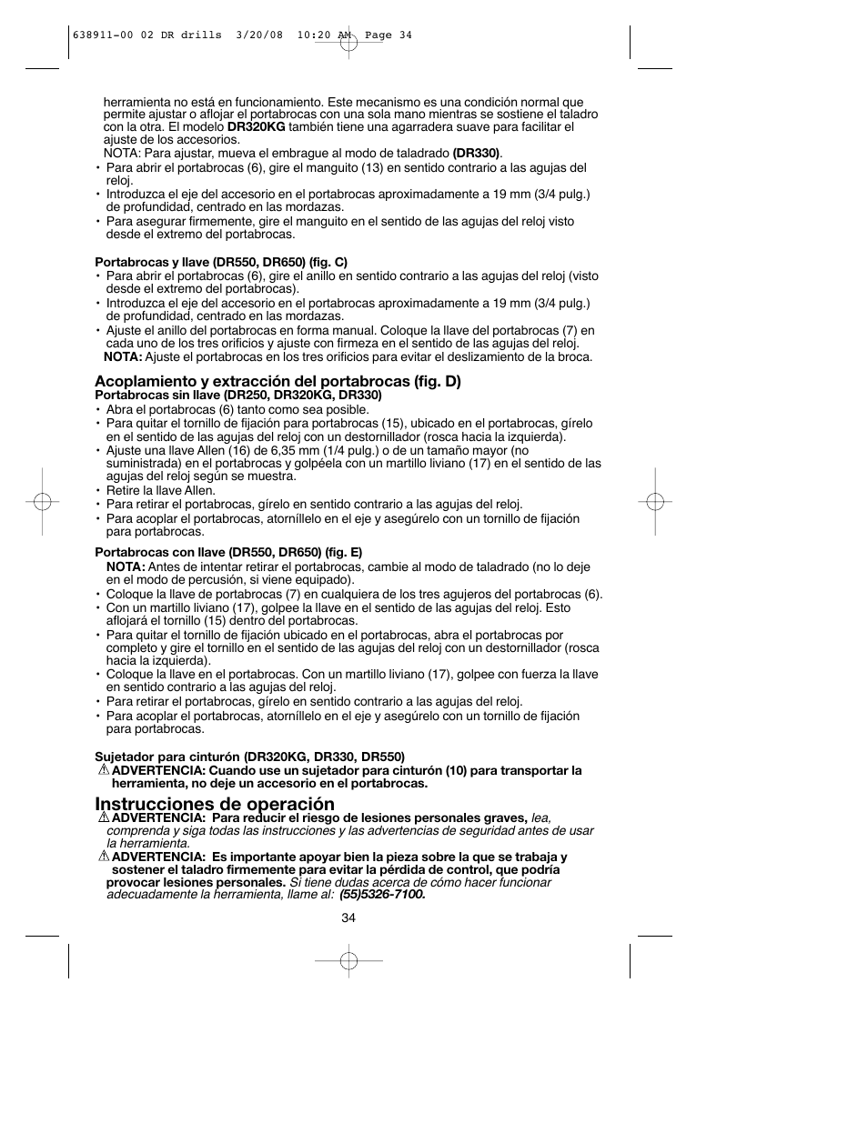 Instrucciones de operación | Black & Decker DR550 User Manual | Page 34 / 40