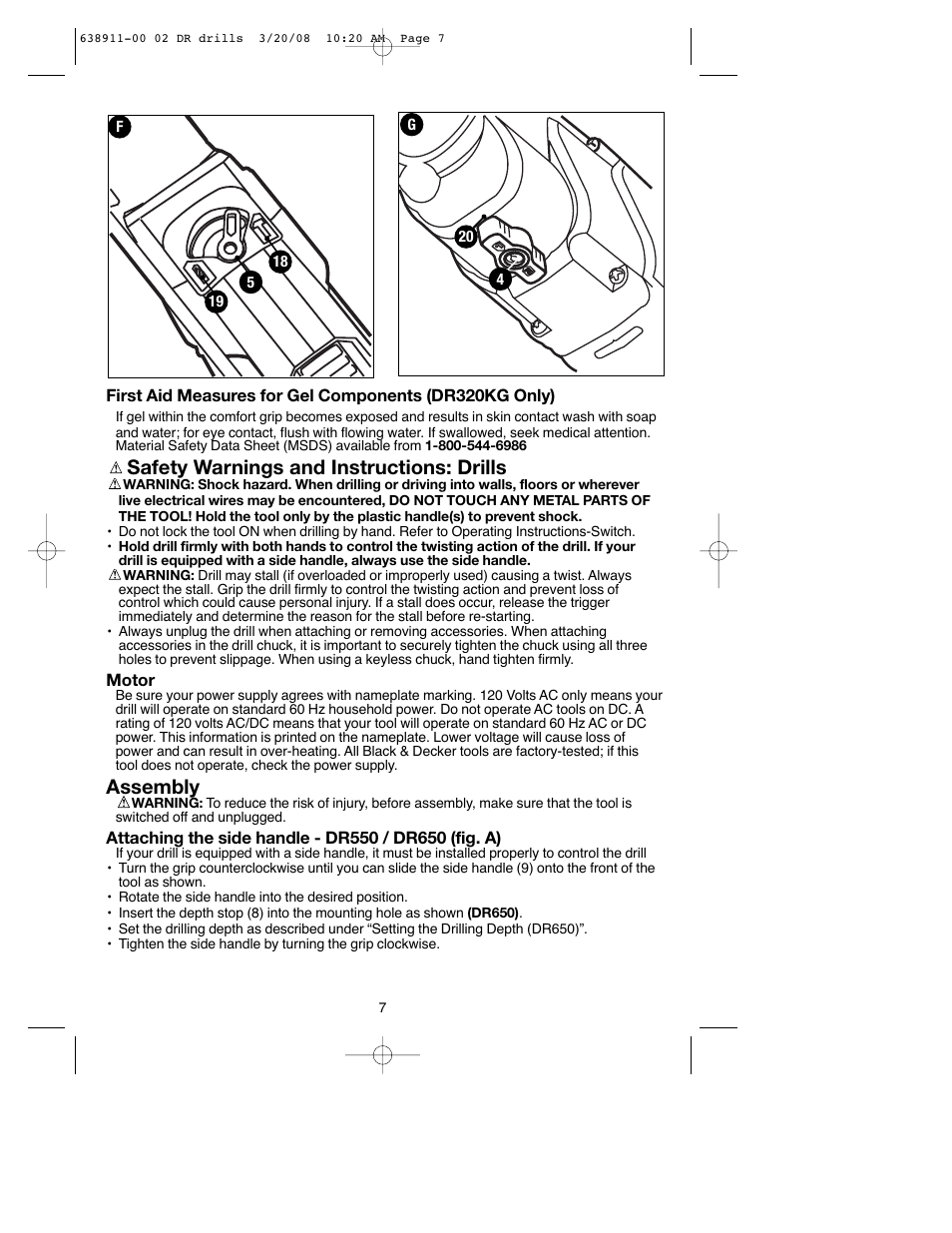 Safety warnings and instructions: drills, Assembly | Black & Decker DR550 User Manual | Page 7 / 40