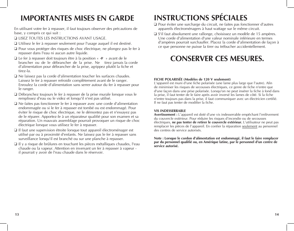 Importantes mises en garde, Conserver ces mesures, Instructions spéciales | Black & Decker AS685 User Manual | Page 8 / 13