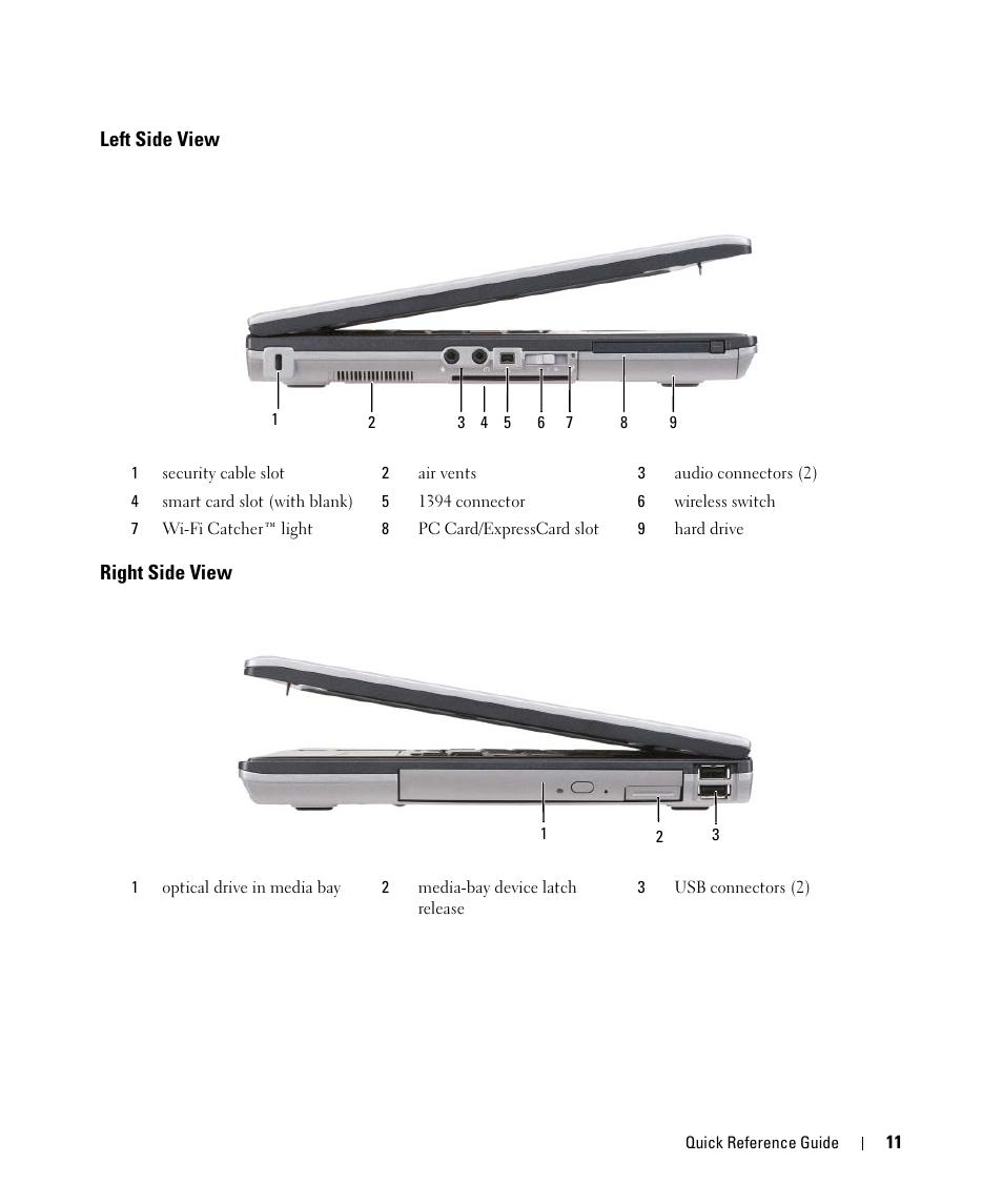 Left side view, Right side view, Left side view right side view | Dell Latitude D630C (Late 2008) User Manual | Page 11 / 96