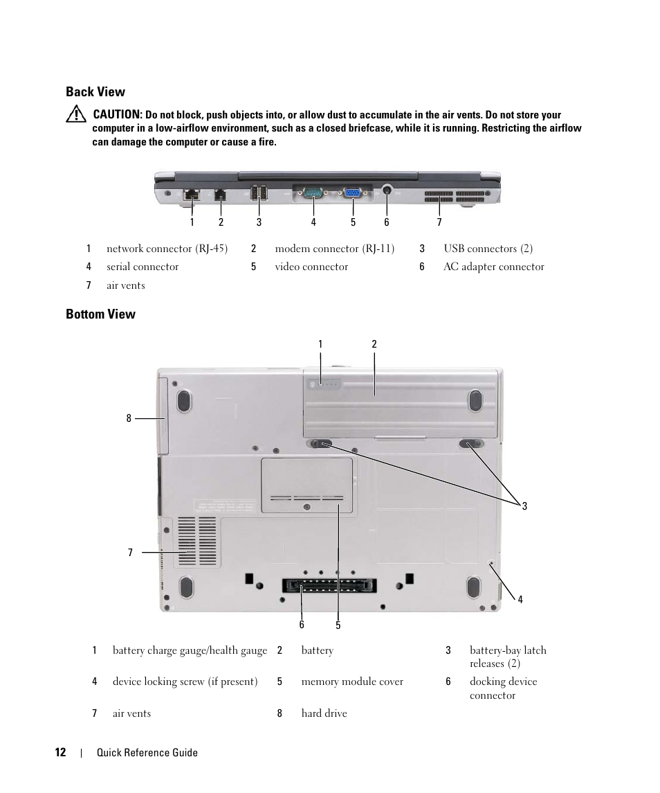 Back view, Bottom view | Dell Latitude D630C (Late 2008) User Manual | Page 12 / 96