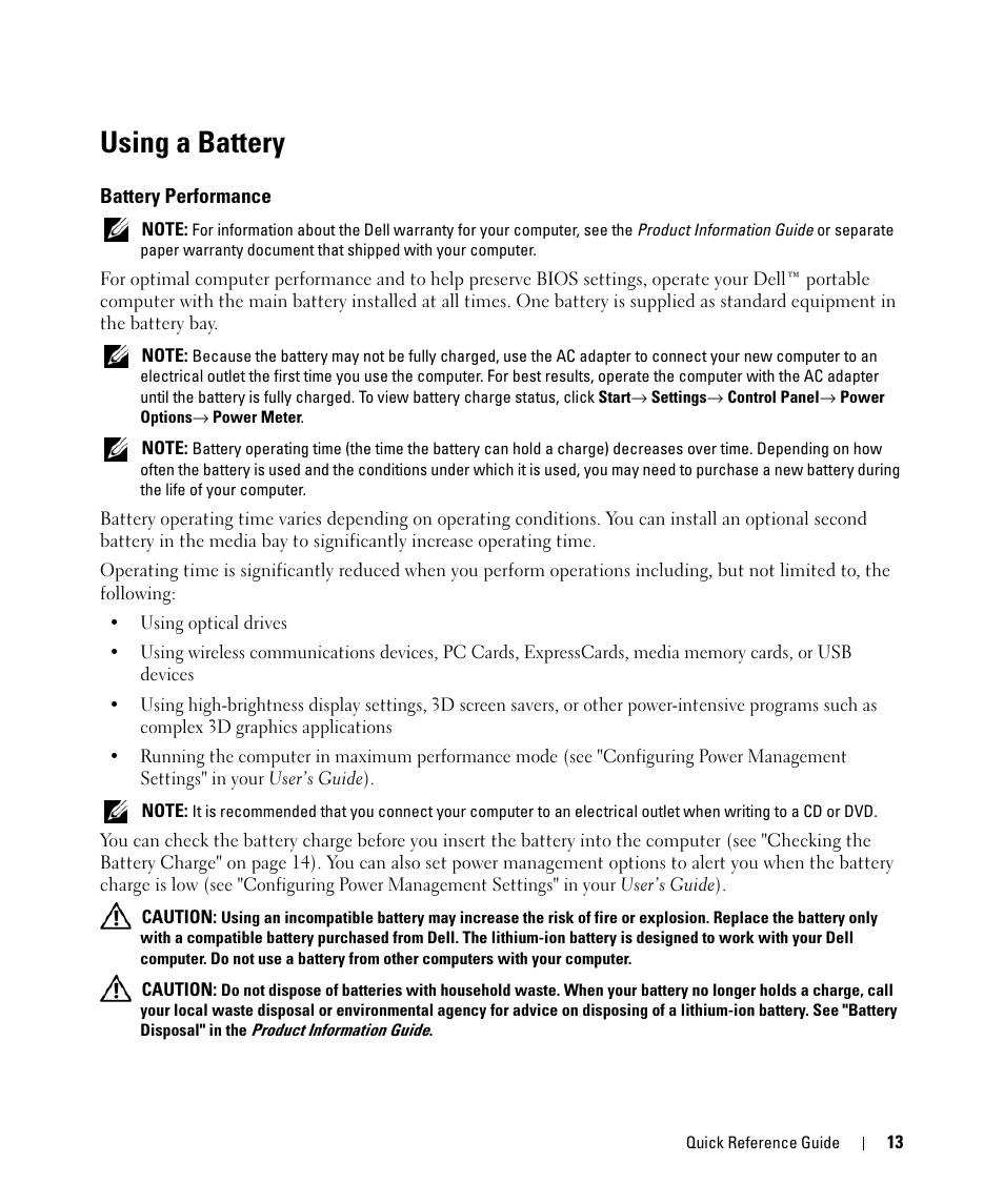 Using a battery, Battery performance | Dell Latitude D630C (Late 2008) User Manual | Page 13 / 96