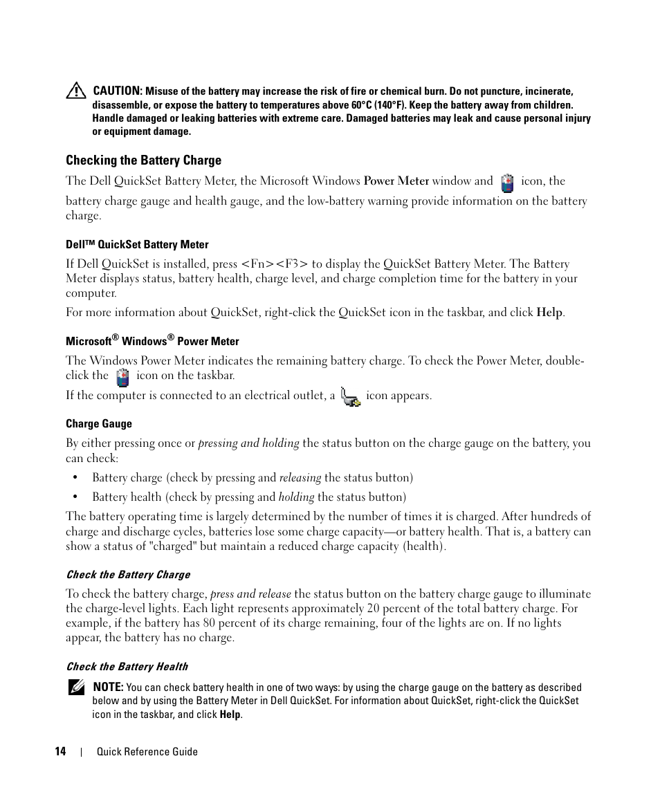 Checking the battery charge | Dell Latitude D630C (Late 2008) User Manual | Page 14 / 96