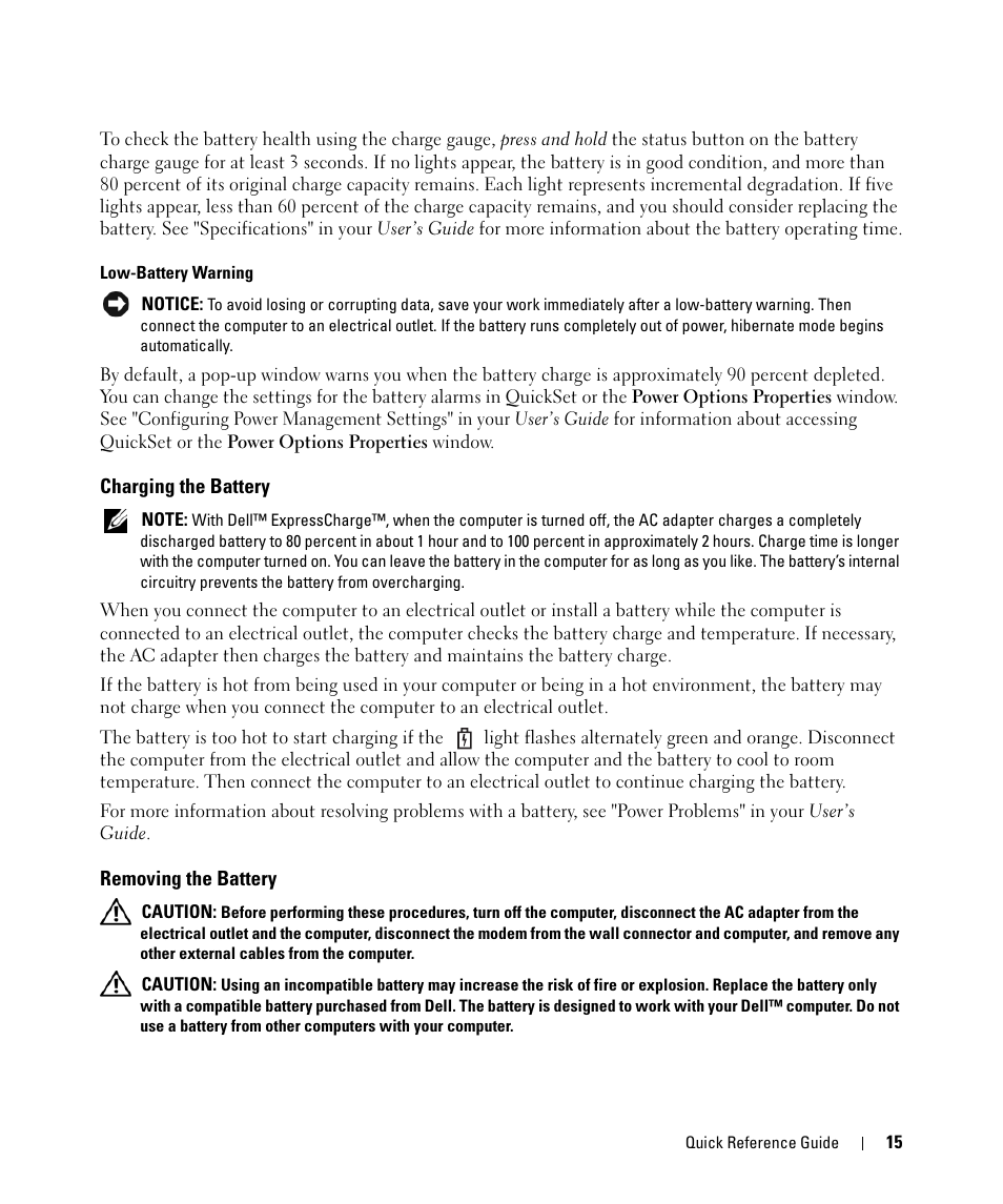 Charging the battery, Removing the battery | Dell Latitude D630C (Late 2008) User Manual | Page 15 / 96