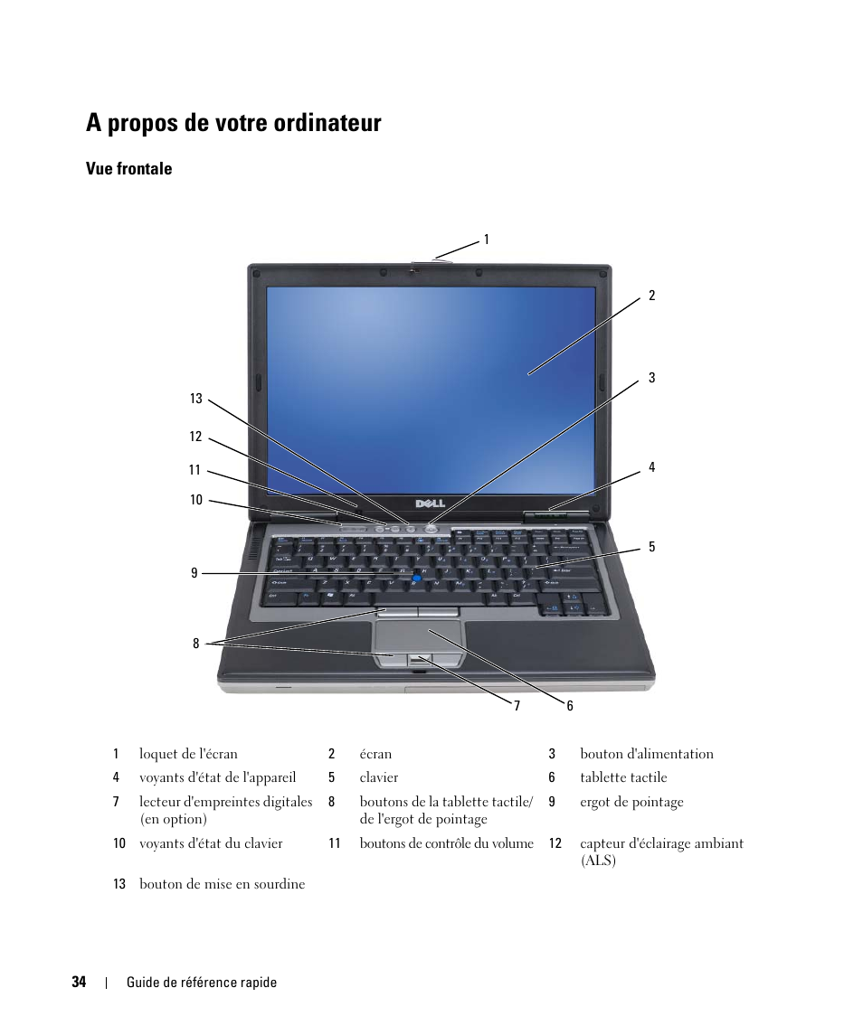 A propos de votre ordinateur, Vue frontale | Dell Latitude D630C (Late 2008) User Manual | Page 34 / 96