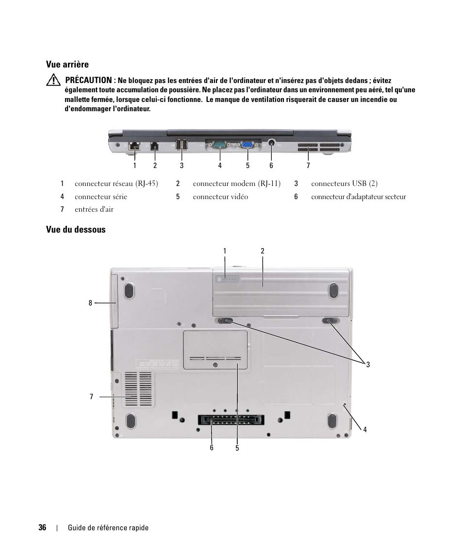 Vue arrière, Vue du dessous | Dell Latitude D630C (Late 2008) User Manual | Page 36 / 96