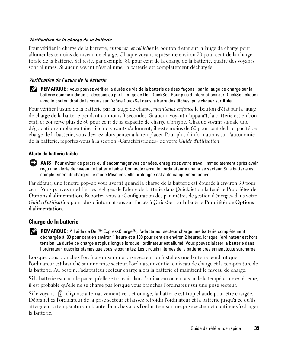 Charge de la batterie | Dell Latitude D630C (Late 2008) User Manual | Page 39 / 96