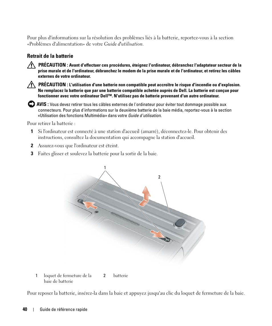 Retrait de la batterie | Dell Latitude D630C (Late 2008) User Manual | Page 40 / 96