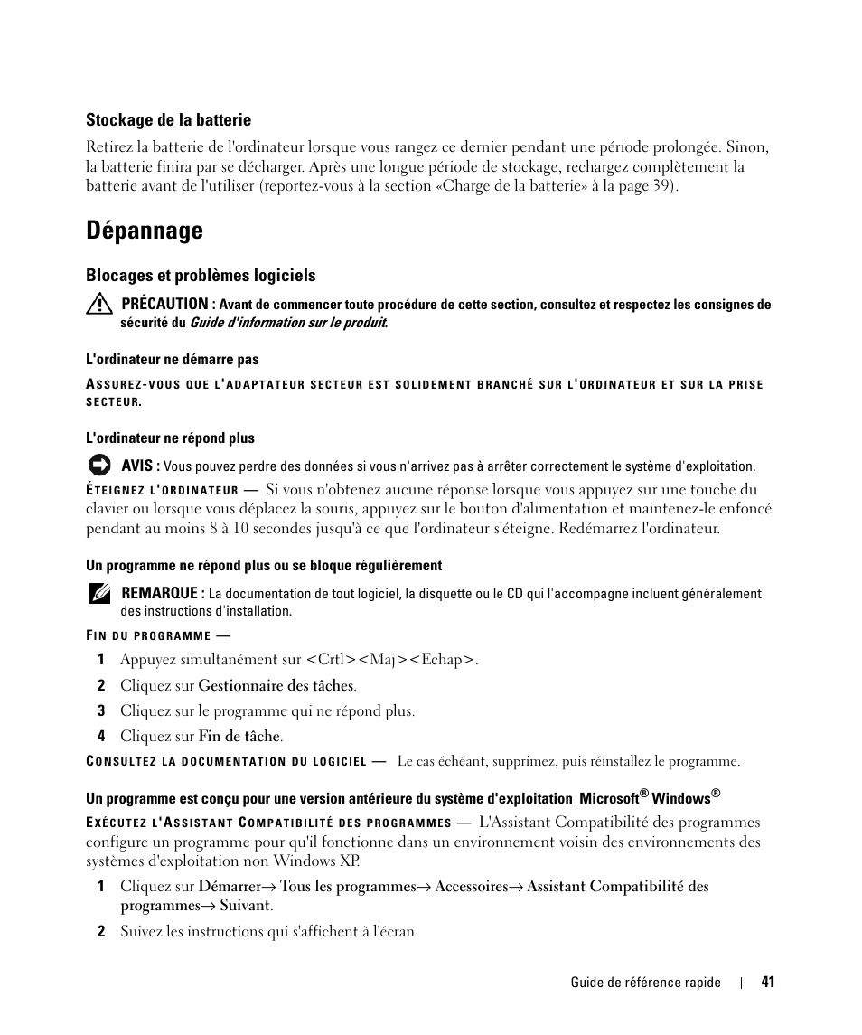 Stockage de la batterie, Dépannage, Blocages et problèmes logiciels | Dell Latitude D630C (Late 2008) User Manual | Page 41 / 96