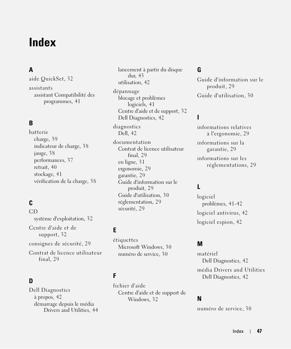 Index | Dell Latitude D630C (Late 2008) User Manual | Page 47 / 96