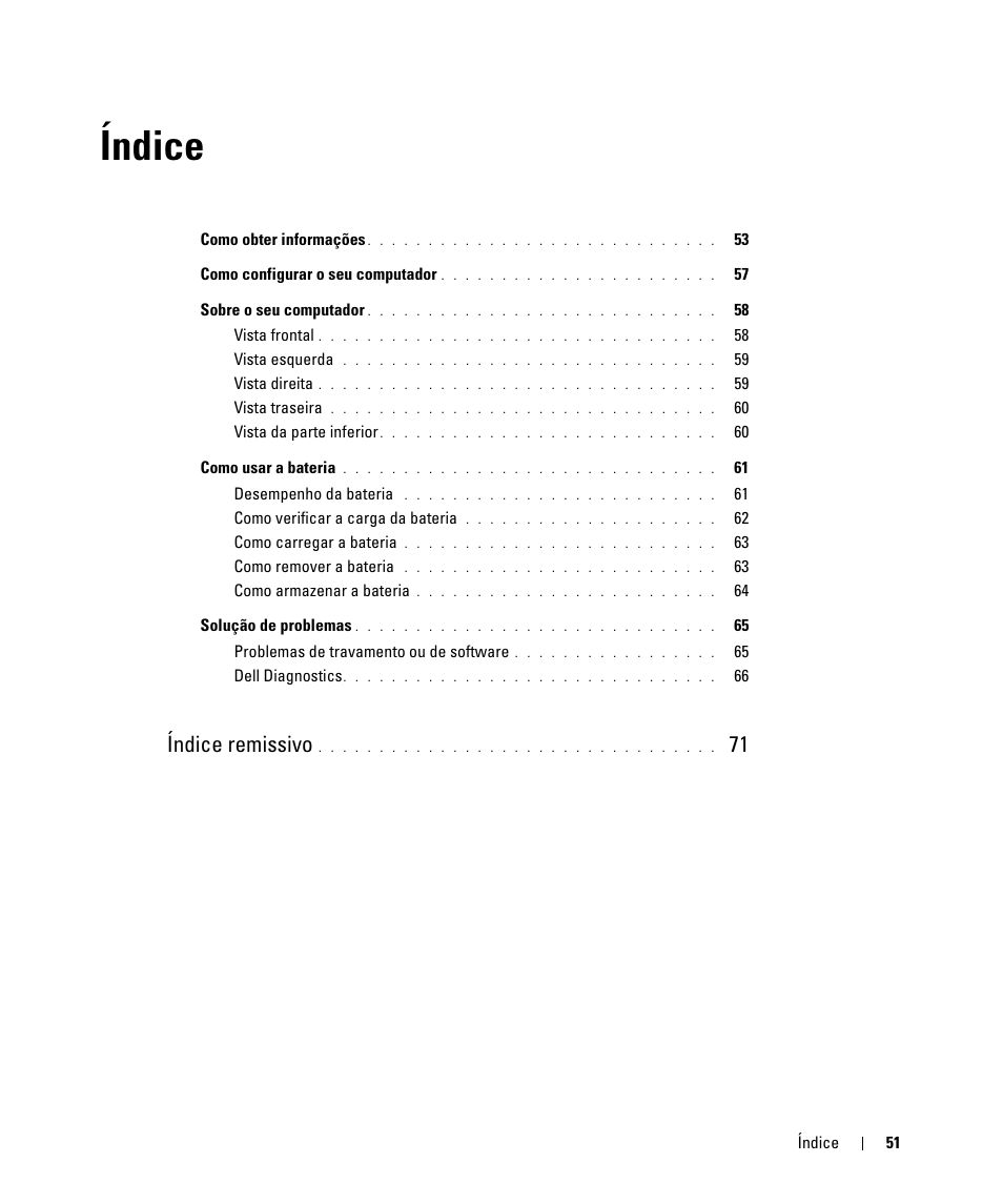 Índice, Índice remissivo | Dell Latitude D630C (Late 2008) User Manual | Page 51 / 96