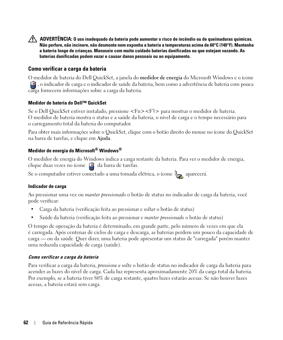 Como verificar a carga da bateria | Dell Latitude D630C (Late 2008) User Manual | Page 62 / 96