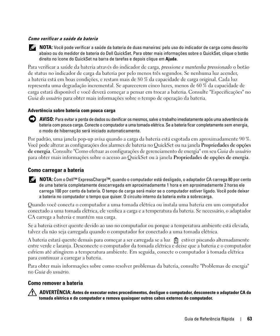 Como carregar a bateria, Como remover a bateria | Dell Latitude D630C (Late 2008) User Manual | Page 63 / 96