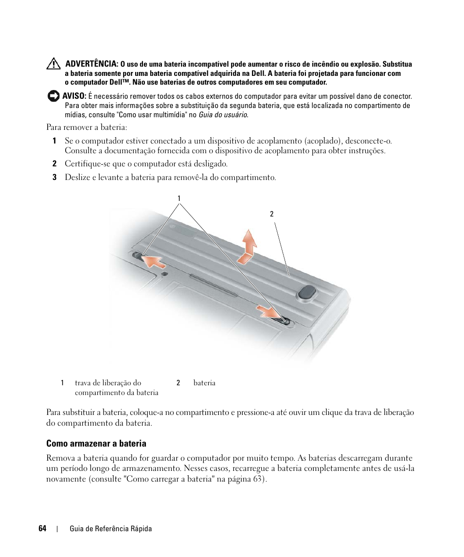 Como armazenar a bateria | Dell Latitude D630C (Late 2008) User Manual | Page 64 / 96