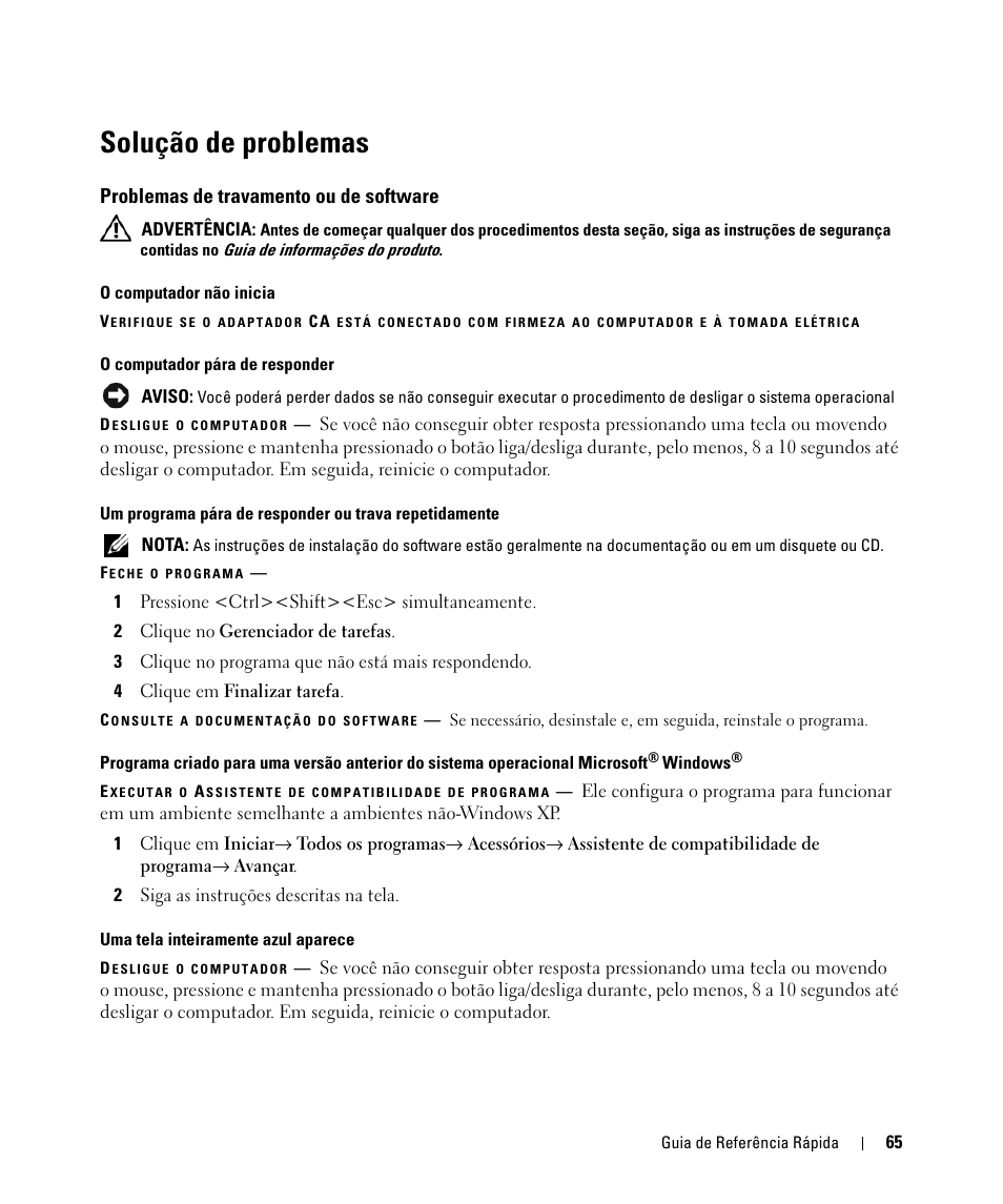Solução de problemas, Problemas de travamento ou de software | Dell Latitude D630C (Late 2008) User Manual | Page 65 / 96