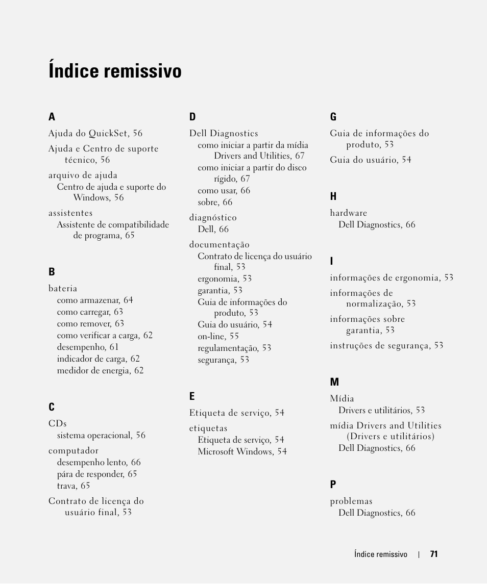 Índice remissivo | Dell Latitude D630C (Late 2008) User Manual | Page 71 / 96