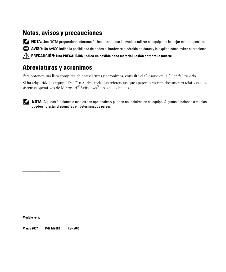 Notas, avisos y precauciones, Abreviaturas y acrónimos | Dell Latitude D630C (Late 2008) User Manual | Page 74 / 96