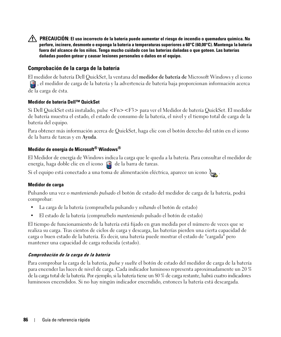Comprobación de la carga de la batería | Dell Latitude D630C (Late 2008) User Manual | Page 86 / 96