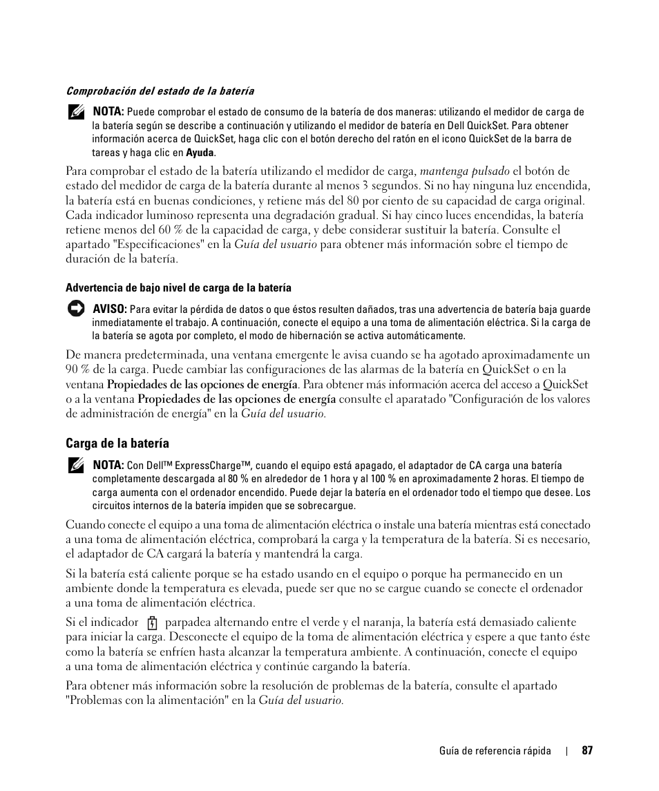 Carga de la batería | Dell Latitude D630C (Late 2008) User Manual | Page 87 / 96