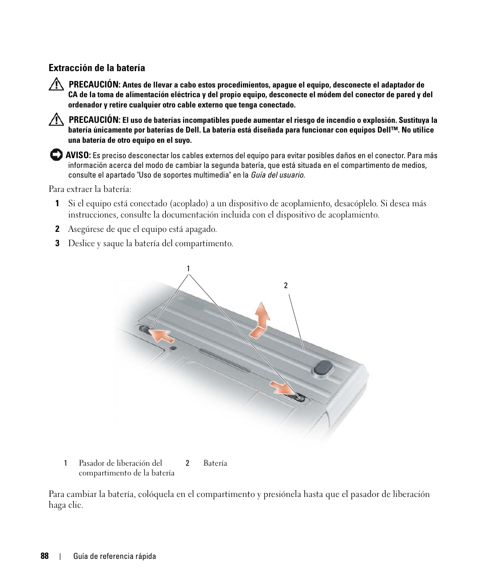 Extracción de la batería | Dell Latitude D630C (Late 2008) User Manual | Page 88 / 96