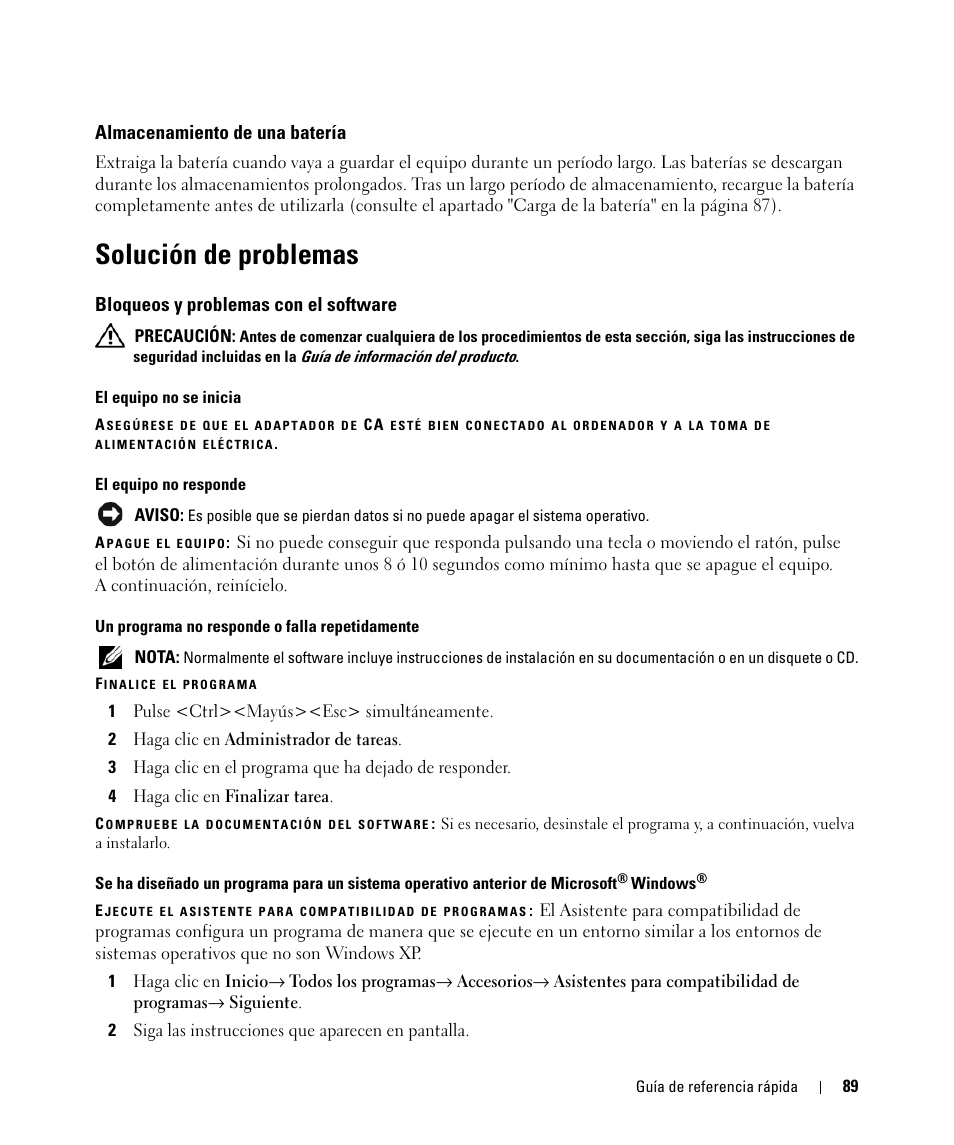 Almacenamiento de una batería, Solución de problemas, Bloqueos y problemas con el software | Dell Latitude D630C (Late 2008) User Manual | Page 89 / 96