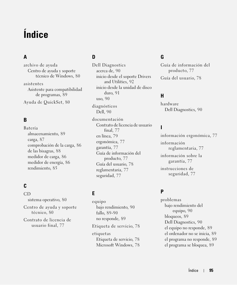 Índice | Dell Latitude D630C (Late 2008) User Manual | Page 95 / 96